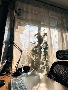 luxury home office laptop desk morning light