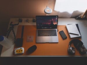 laptop smartphone tablet desk setup clean