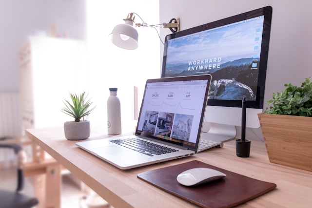 minimalist desk laptop open