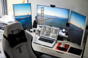 modern coding workspace dual monitor desk setup