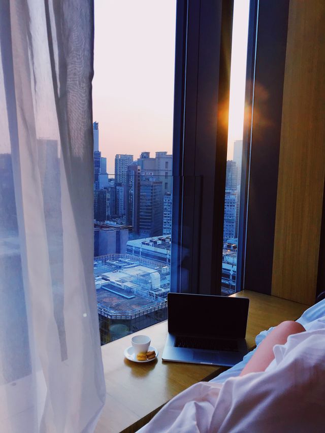 early morning laptop study window